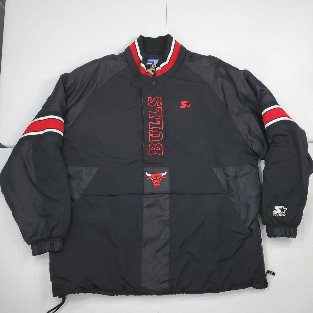 Vintage Chicago Bulls Starter Jacket XL Black Red NBA Basketball Pullover Anorak